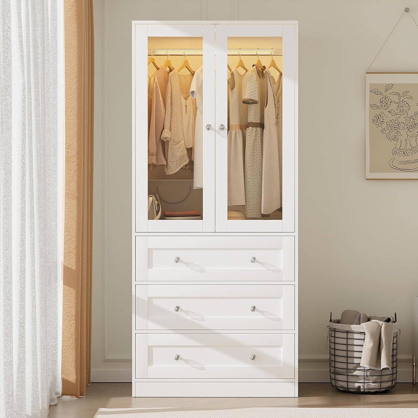 75" Tall Armoire Wardrobe Closet with Drawers & Lights, Clothing Storage Cabinet with 2 Glass Doors & Hanging Rod, Wooden Armoire Storage Cabinet for Bedroom