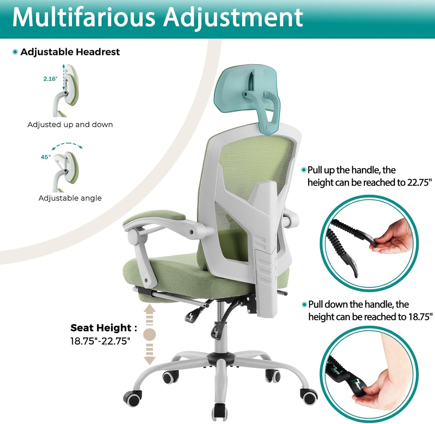 Office Desk Chair with Footrest Ergonomic Gaming Chair for Adults Computer Mesh, Lumbar Support,Swivel Reclining with Headrest, Comfy Armrest for Home, Office, Work, Study, Light Green
