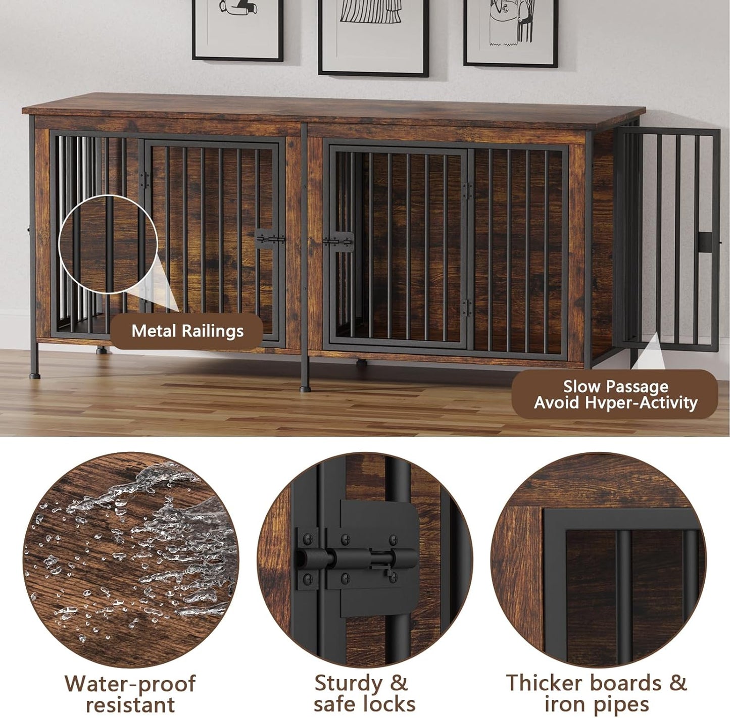Dog Crate Furniture for 1 or 2 Dogs, Heavy Duty Single/Double Dog Crates for Small/Medium/Large Dogs, Dog Kennel Furniture Indoor as TV Stand, Large Size 78.74" L(35-60 Pounds), Brown