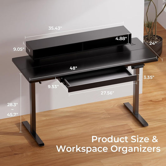 Electric Standing Desk with Drawers, 48 X 24 Inch Height Adjustable Gaming Desk with Monitor Stand, Power Outlets & LED Lights, Home Office Sit Stand up Desk with Memory Preset (Black)