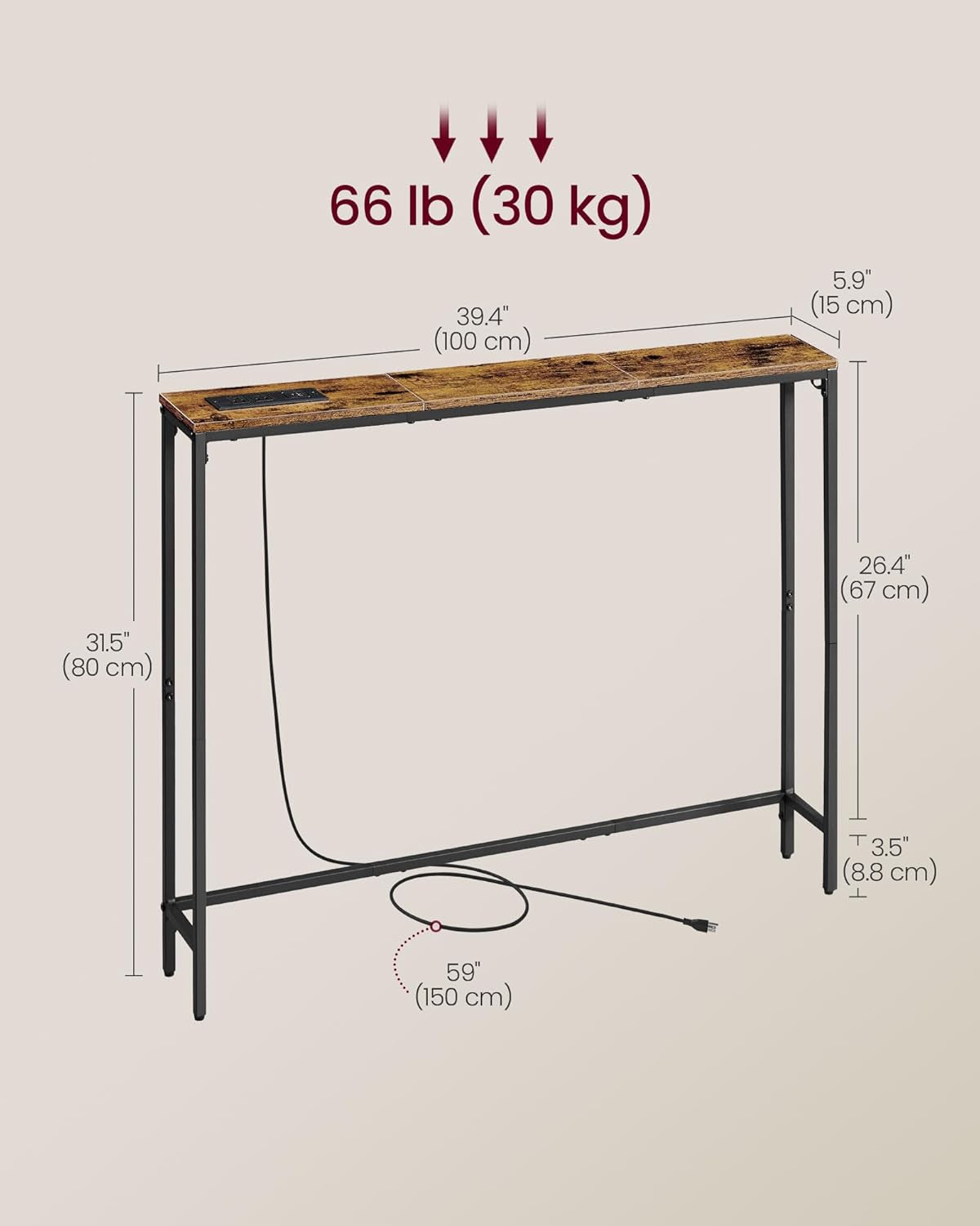 Console Table with Power Outlet, Slim behind Couch Sofa Table, 5.9 X 39.4 X 31.5 Inches, 1 Hook, Easy Assembly, for Entryway, Living Room, Rustic Brown and Ink Black ULNT079K01