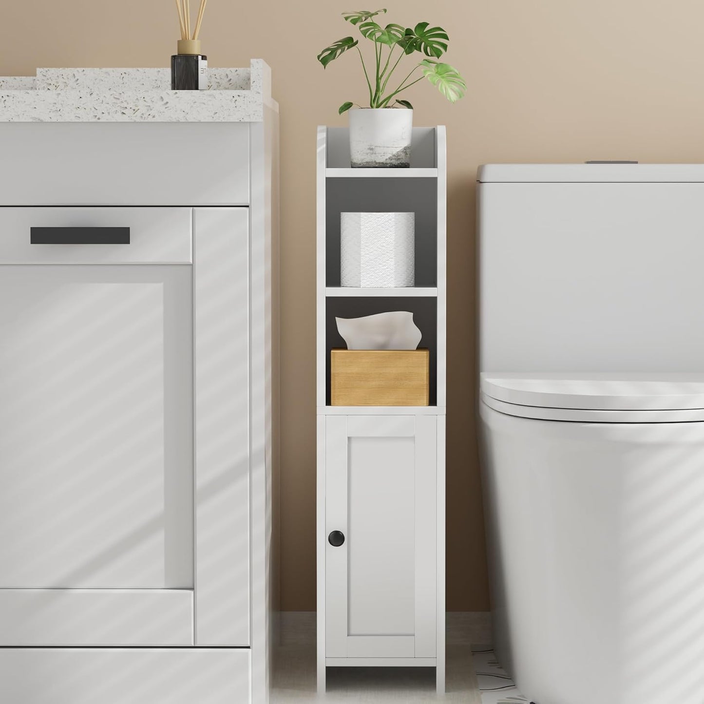 Small Bathroom Storage Corner Floor Cabinet with Door and Shelves, beside the Toilet Paper Stand for Skinny, Narrow Toilet Paper Cabinet, 7.9" D X 7.1" W X 31" H, White