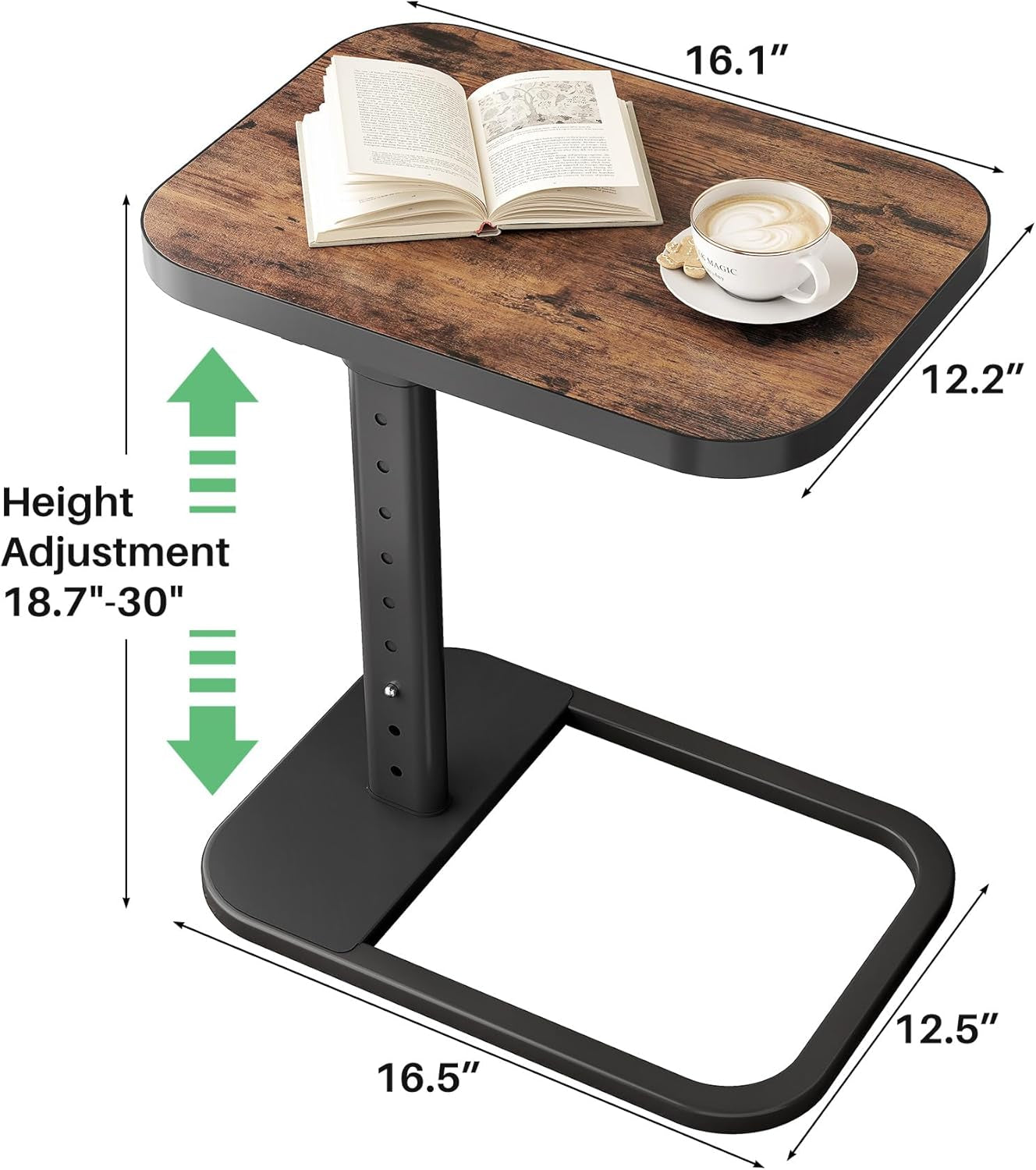 TV Tray Table, Adjustable Height & Flip-Top & Rounded Metal Corners, Snack Table for Couch, Sofa, Bed, Chair, Living Room, C Shaped End Side Table for Eating, Dinner or Laptop, Small Spaces
