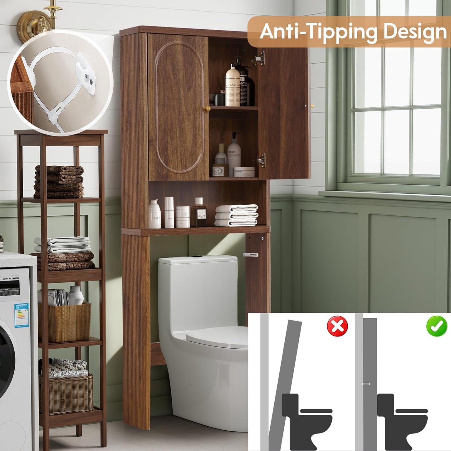 Fluted over the Toilet Storage Cabinet, Bathroom Toilet Storage Cabinet with Door, Wood Curved over the Toilet Space Saver Cabinets for Restroom Bathroom, Black