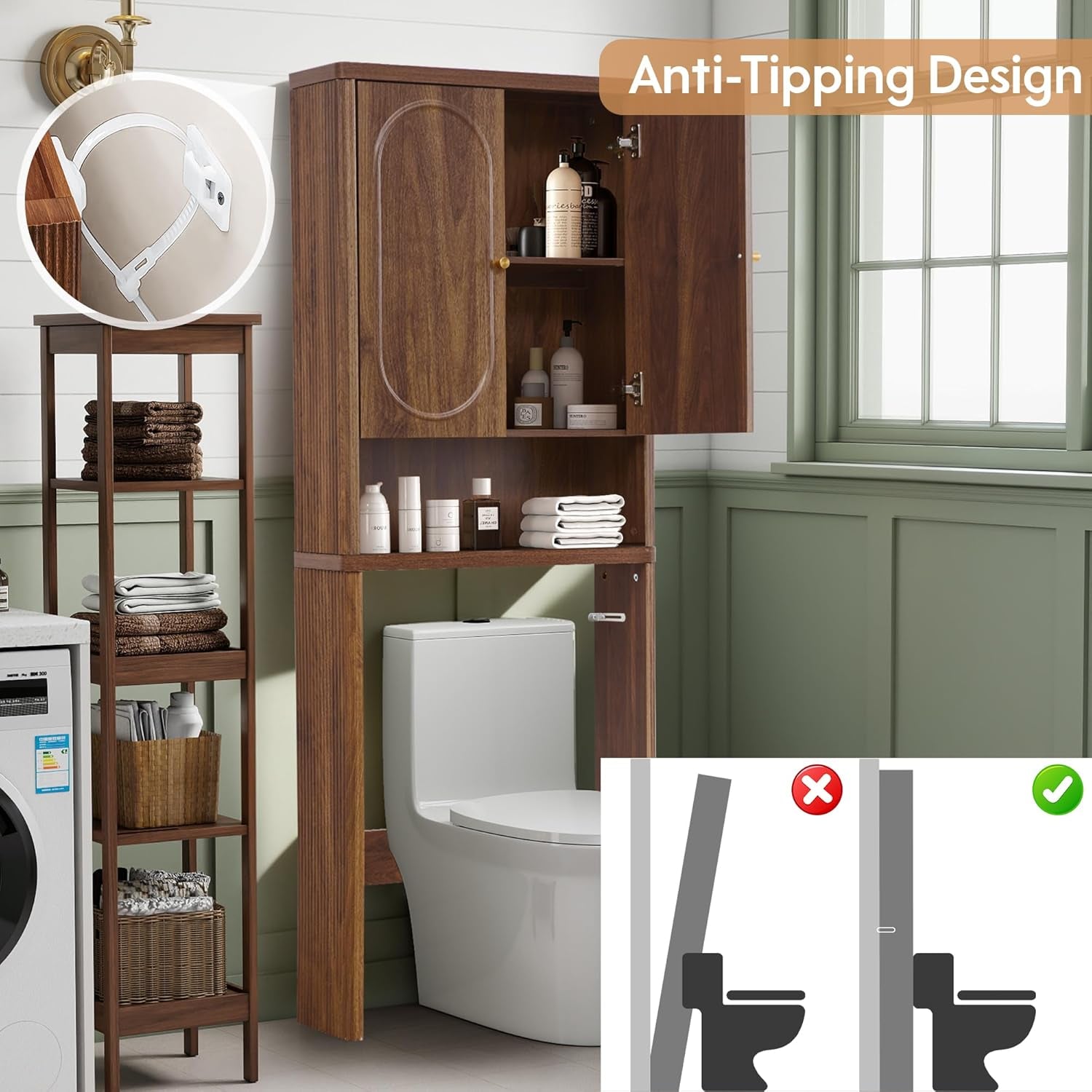 Fluted over the Toilet Storage Cabinet, Bathroom Toilet Storage Cabinet with Door, Wood Curved over the Toilet Space Saver Cabinets for Restroom Bathroom, Black
