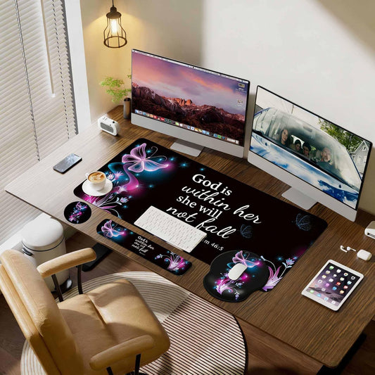 Desk Mat Set + Keyboard and Mouse Pad with Wrist Rest Support,4-In-1 Large Mousepad Computer Mats for Desktop Home & Office-Purple Butterflies
