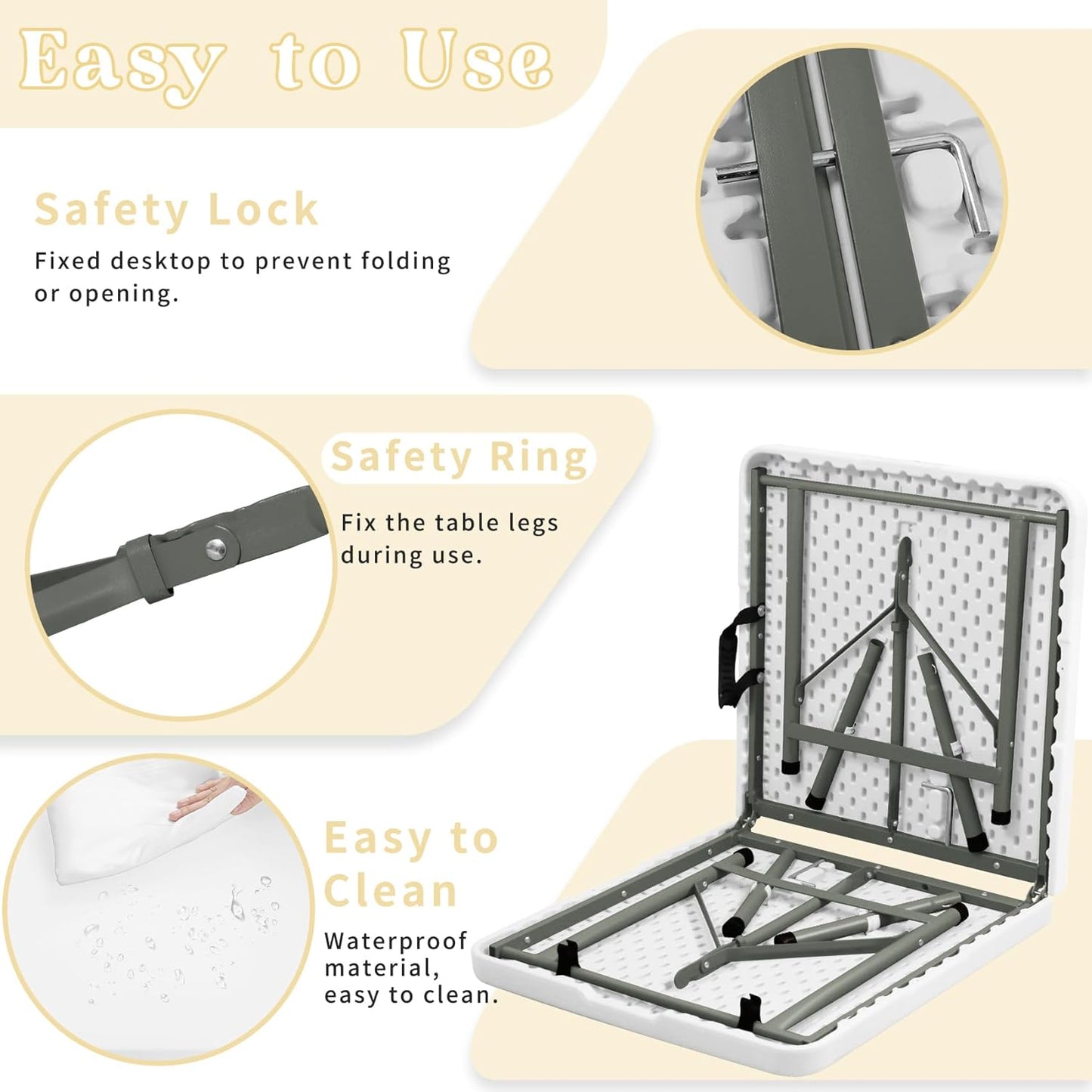 Folding Table 4FT Camping Table Portable Heavy Duty Plastic Rectangular Outdoor Dining Table Steel Legs Fold-In-Half with Carrying Handle for Indoor,Picnic,Party,Wedding,Events(White)