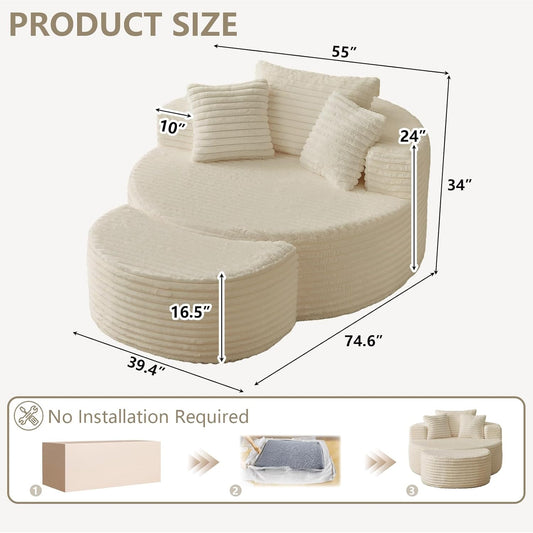 Oversized round Chaise Lounge Chair Indoor with Ottoman, Modern Upholstered Corduroy Circle Couch with Pillows, Boneless round Chairs for Living Room, Apartroom, No Assembly Required, White