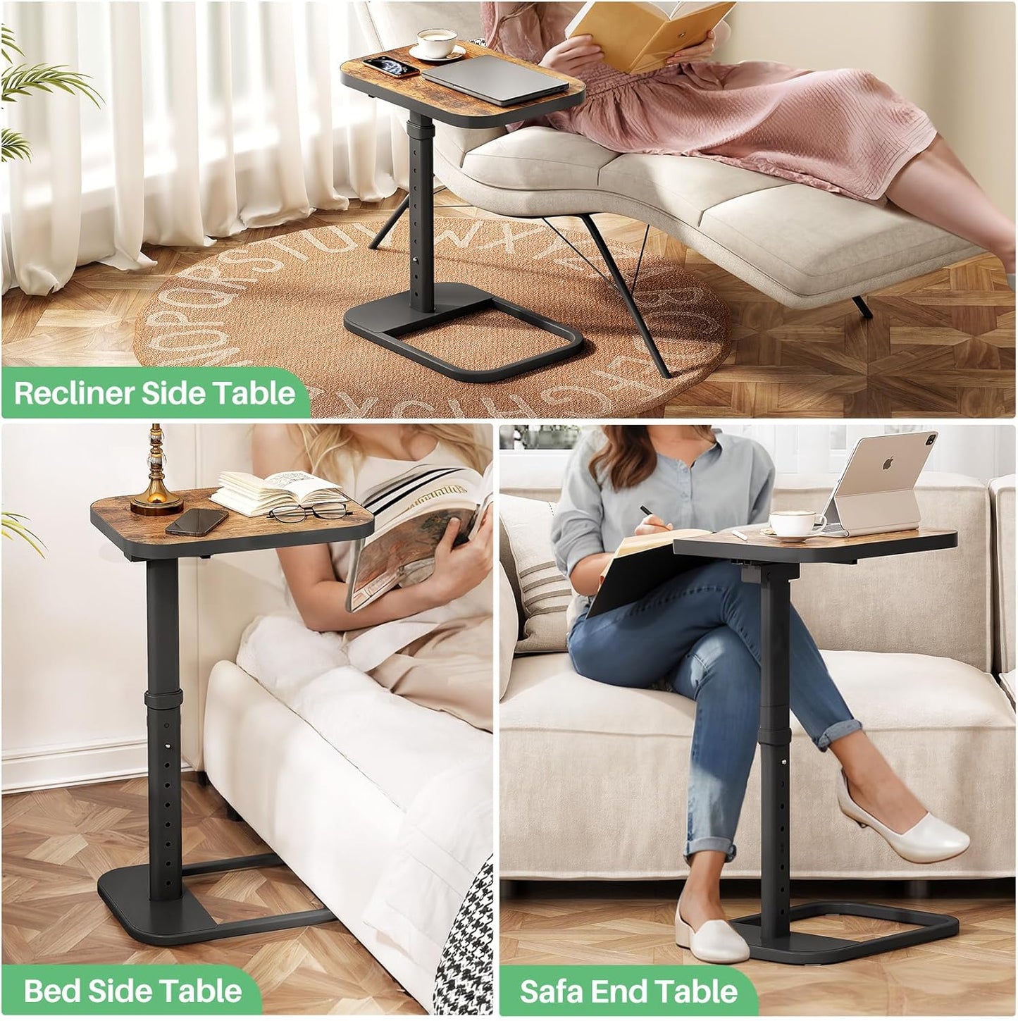 TV Tray Table, Adjustable Height & Flip-Top & Rounded Metal Corners, Snack Table for Couch, Sofa, Bed, Chair, Living Room, C Shaped End Side Table for Eating, Dinner or Laptop, Small Spaces