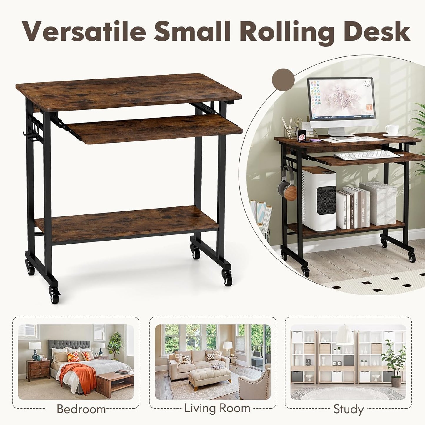 Rolling Computer Desk Cart with Keyboard Tray, Mobile Portable Laptop PC Desk with CPU Stand & 3 Hooks for Sofa & Bed, Industrial Small Desk on Wheels for Small Spaces, Home Office Desk