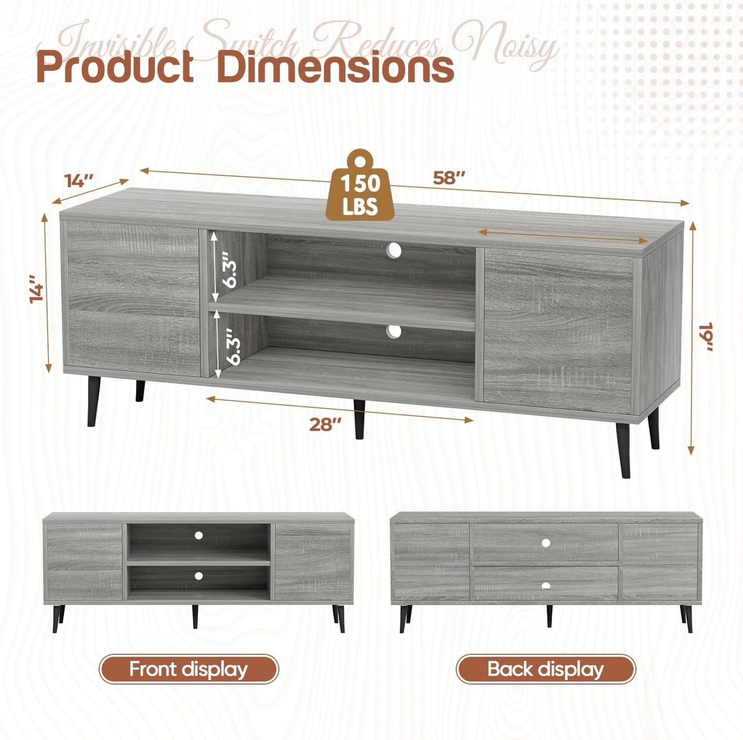 Modern TV Stand for 65" Television, Entertainment Center with Two Storage Cabinets, Retro Style Media Console for Living Room, Bedroom, Office, 58 Inch, Light Gray