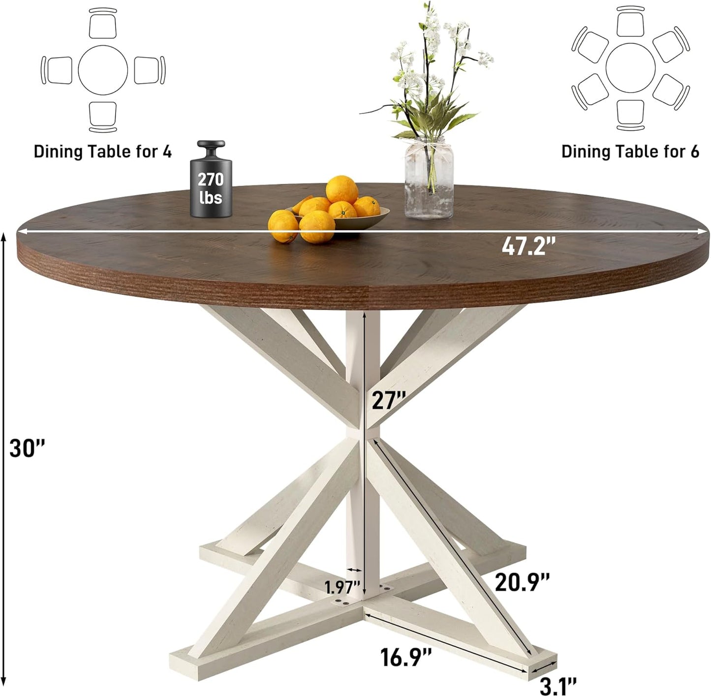 Round Wood Dining Table for Kitchen,Dining Room,Living Room,Farmhouse Dinner Tables W/Thickened Brown Waterproof Tabletop for 4 People,47 Inch Rustic Kitchen Table W/Metal Support