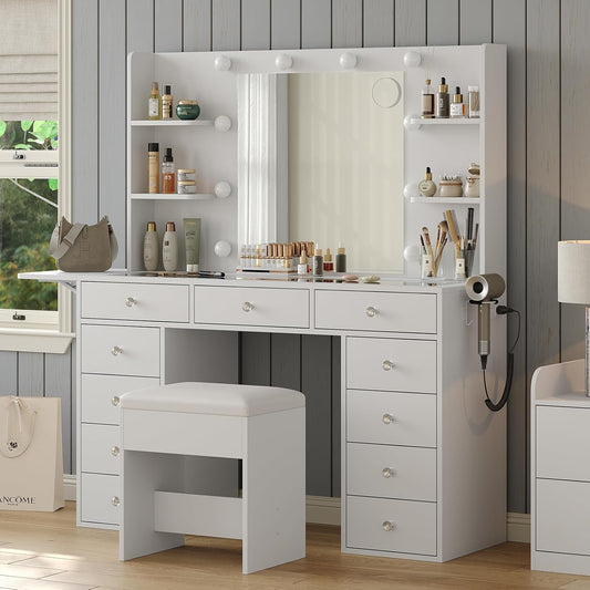 Vanity Desk with Power Outlet, 47'' W Makeup Table with Mirror and 12 LED Lights, 3 Color Lighting Modes, 11 Drawers Makeup Vanity with 4 Shelves, Fold-Up Panel, Glass Top, Vanity Set for Bedroom