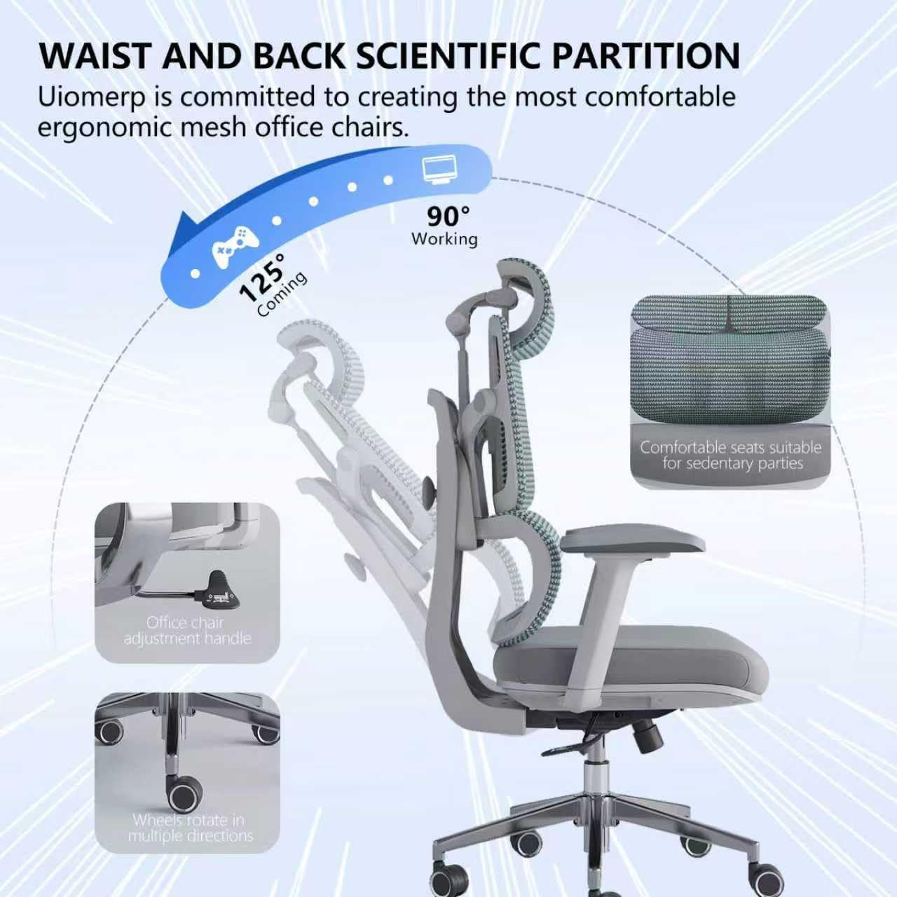 Ergonomic Office Chair 500 LBS Home Mesh Office Chair Comfortable Gaming Desk Chairs Adjustable 90-125° Tilt Rolling Computer Chairs with Wheel 3D Armrest