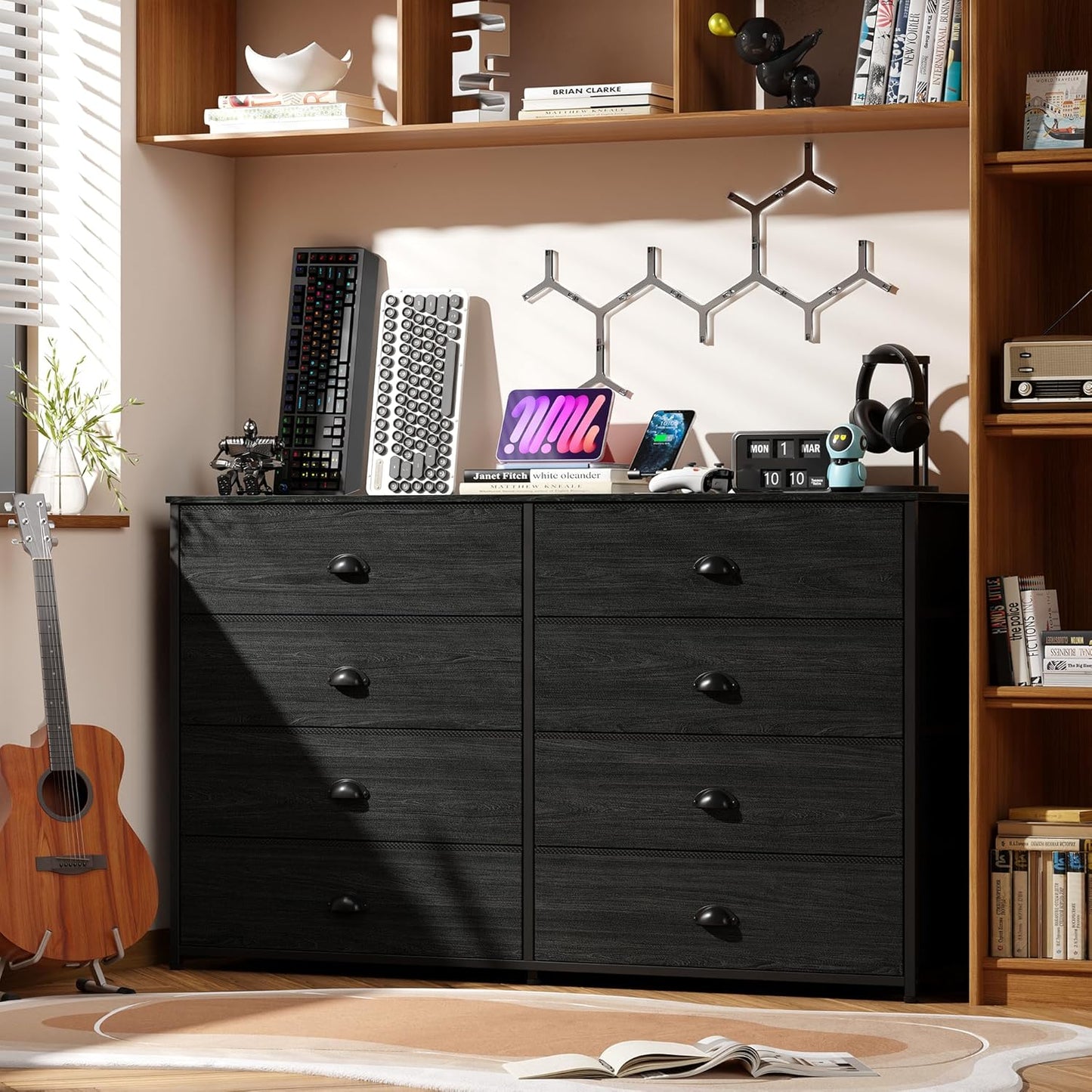 Wide Dresser with 8 Fabric Drawers, TV Entertainment Center with Storage for 55'' TV, Large Chest of Drawers for Bedroom, Living Room, Dorm, Closet, Entryway, Wood Top (Black Oak)