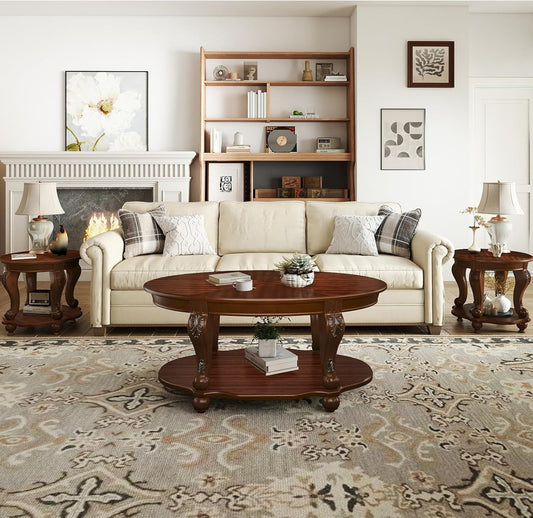 Wood Coffee Table Set with Storage Shelf Oval Coffee Tables and round Side Table for Living Room Farmhouse, Antique Elegant Carved Legs, Easy Assembly, Cherry