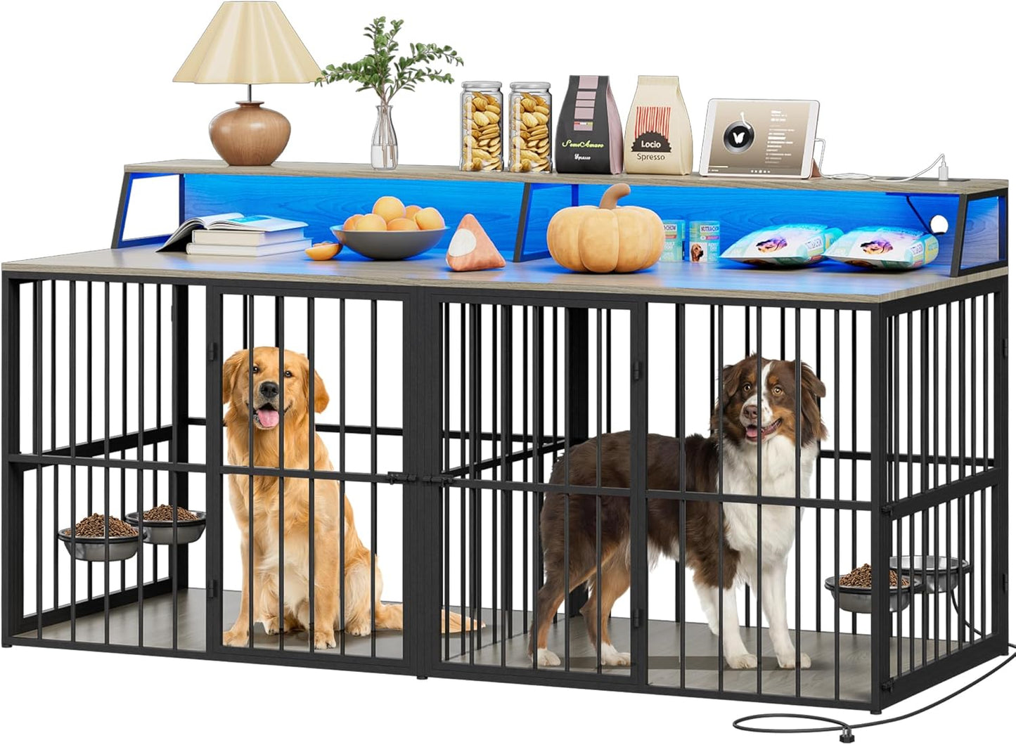 71" Dog Crate Furniture, Heavy Duty Large Dog Cage W/360° Rotating Feeder & LED Light & Power Outlets for 2 Dogs, XXL Double Dogs Kennel Furniture Indoor W/4 Lockable Doors & TV Stand Shelves