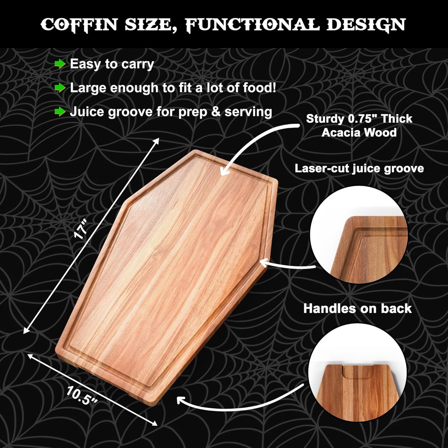 New - Large Coffin Charcuterie Board - Gothic Acacia Wood Coffin Shaped Cutting Board 17X10.5Inch, Halloween Wooden Serving Tray, Goth Platter, Spooky Decor Gifts