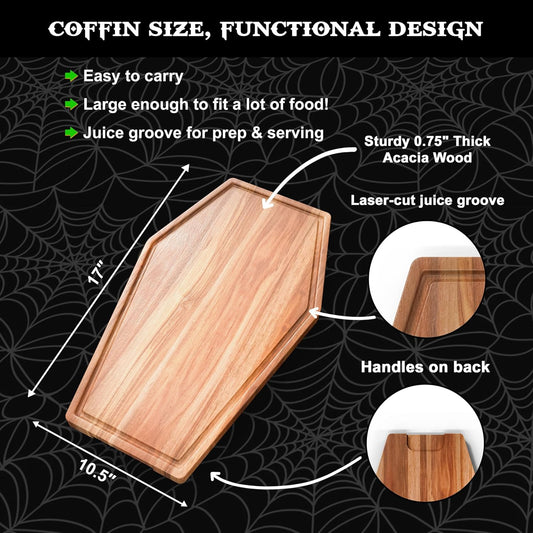 New - Large Coffin Charcuterie Board - Gothic Acacia Wood Coffin Shaped Cutting Board 17X10.5Inch, Halloween Wooden Serving Tray, Goth Platter, Spooky Decor Gifts