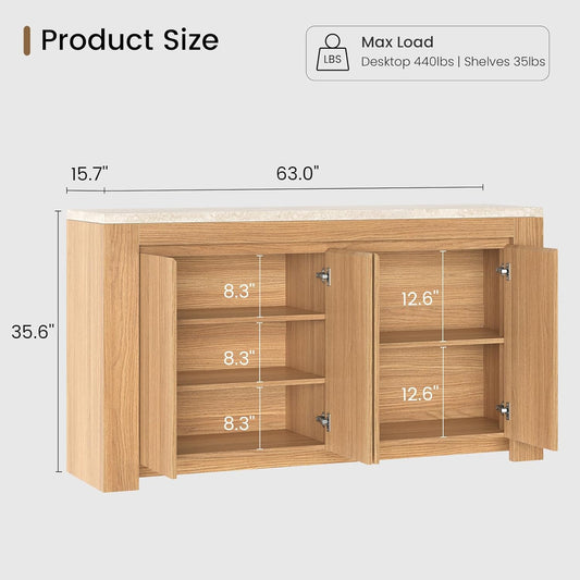 Buffet Cabinet with Storage, 63" Sideboard Buffet Accent Cabinet with Faux Marble Top & 4 Doors, Modern Buffet Table Credenza Cabinets for Living Room, Dining Room, Kitchen(Natural Oak)