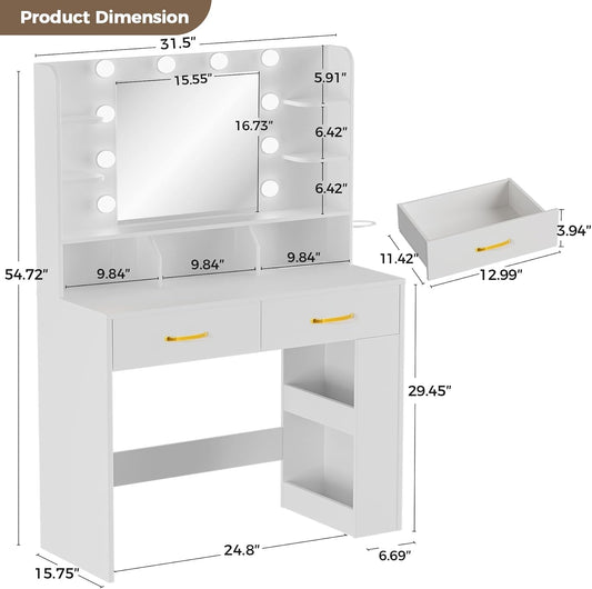 Vanity Desk with Lighted Mirror and Power Outlet, RGB LED Lights Makeup Vanity Set for Girls, Large Storage Capacity Dressing Table for Bedroom, 3 Lighting Modes Adjustable Brightness, White