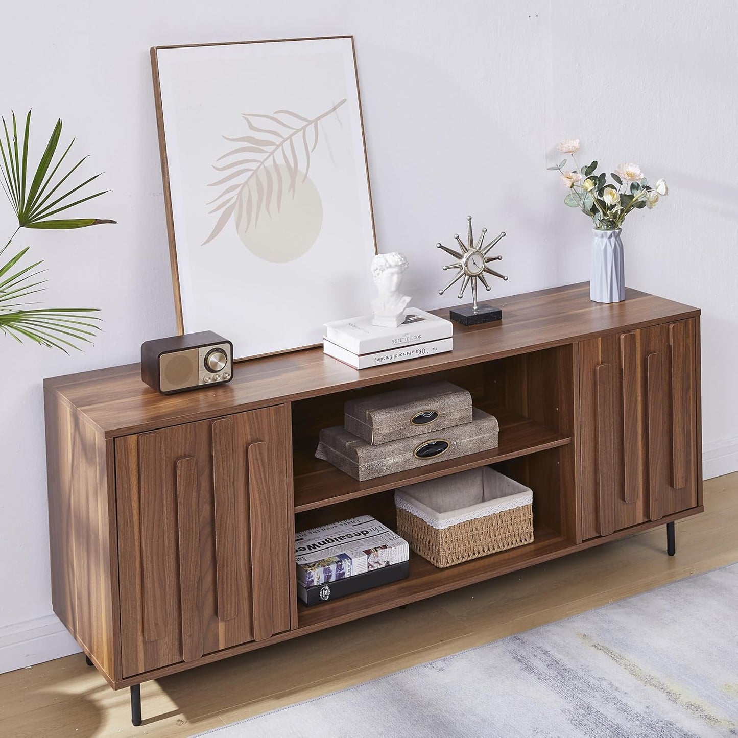 TV Stand for 65" 60" Tvs, Mid-Century Modern TV Stands for Living Room, Fluted Entertainment Center with Storage Cabinet & Open Shelf, Wood TV Console Media Cabinet, Walnut