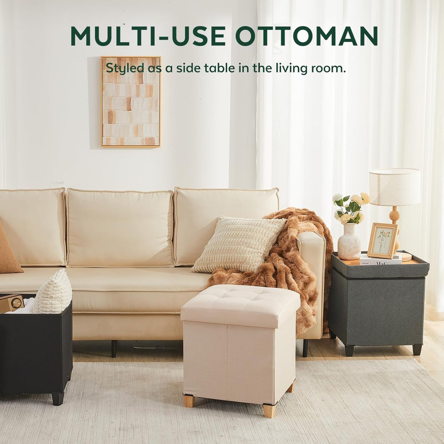 17.7" Square Ottoman with Storage, Storage Ottoman Foot Stool with Lid & Solid Wood Legs, Linen Ottomans for Living Room, Bedroom, Dorm, Black