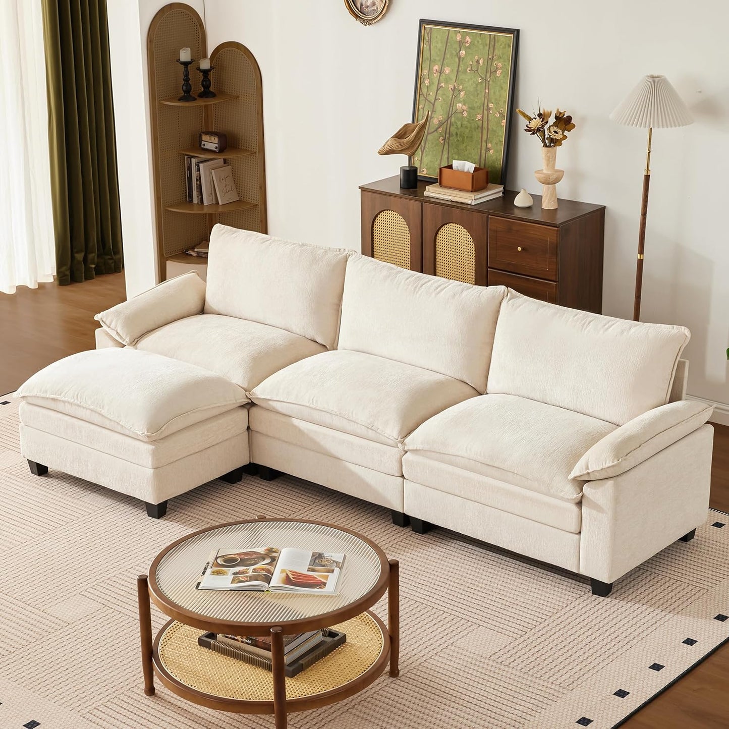 147 Inch Big Comfy Couch with Ottoman, 6 Seat U Shaped Couches, Cloud Modular Sectional Sofa, Modern Cloud Couch Sectionals, Sectional Couches for Living Room, Oversize Deep Seat Sofa, Beige