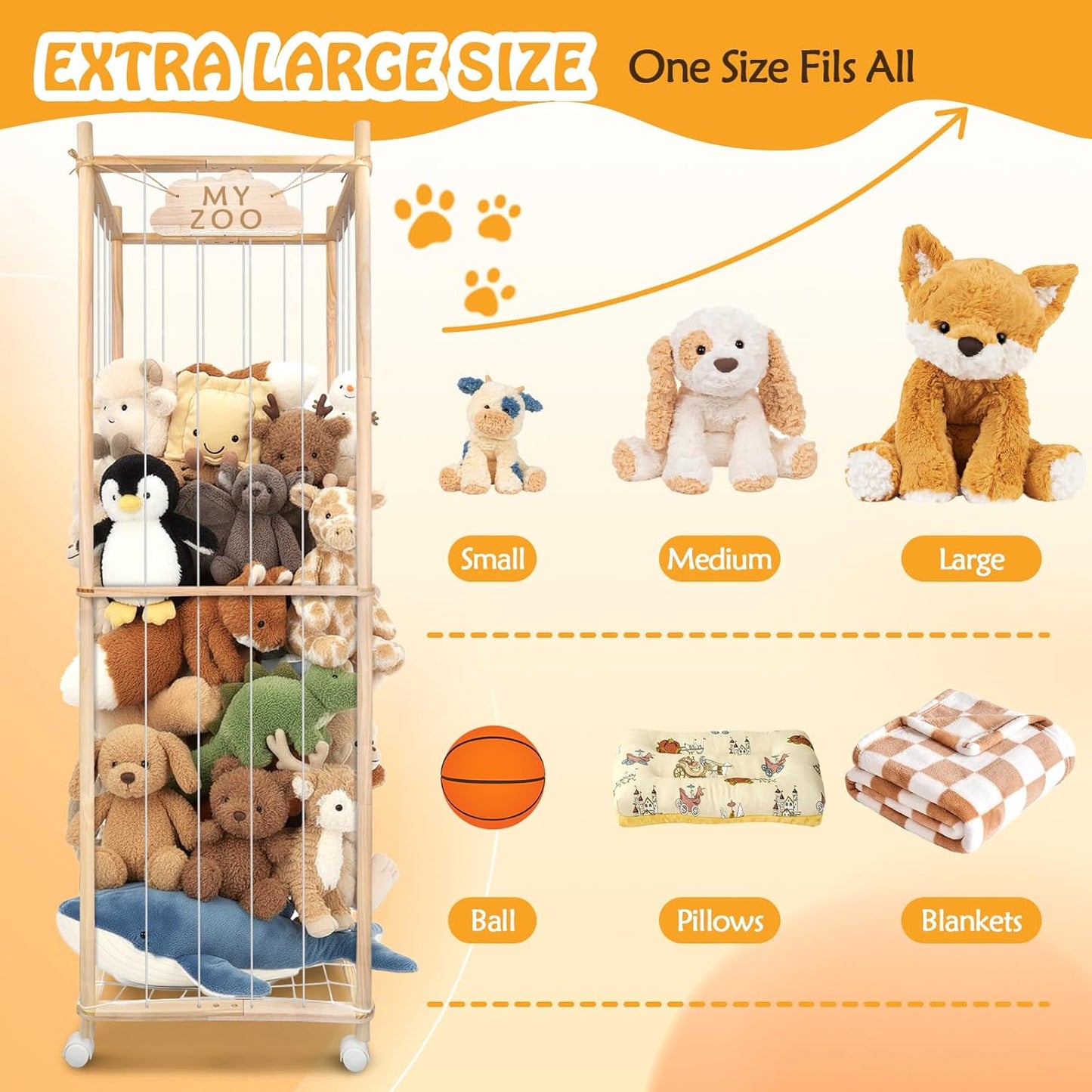 Stuffed Animal Storage Zoo with Wheels, 63'' Tall Large Wooden Plushies Storage Stuffed Animals Holder, Plush Toy Organizer Stuff Animal Zoo with Elastic Band and Net for Toddlers Playroom, Bedroom