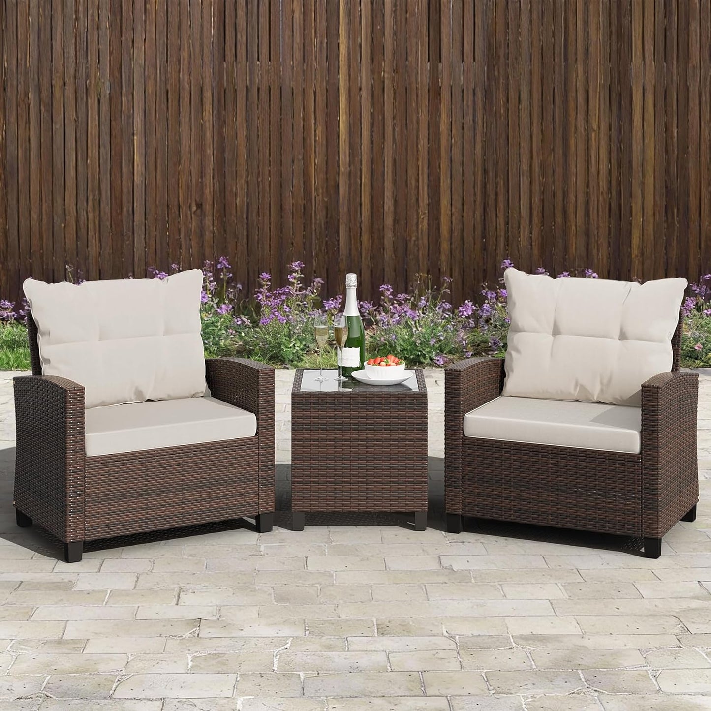 3 Pieces Patio Furniture Set, PE Rattan Wicker 3 Pcs Patio Set, Outdoor Furniture Set with Two Outdoor Chairs and Table, Conversation Set for Garden, Poolside, Balcony, and Porch(Beige)