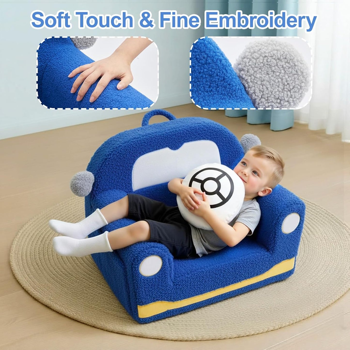 Toddler Chair for Ages 1–6, Soft Sherpa Kids Sofa with Book Pocket & Carry Handle, Comfy Single-Seat Couch for Playroom or Bedroom, Birthday Gift for Boys (Car)