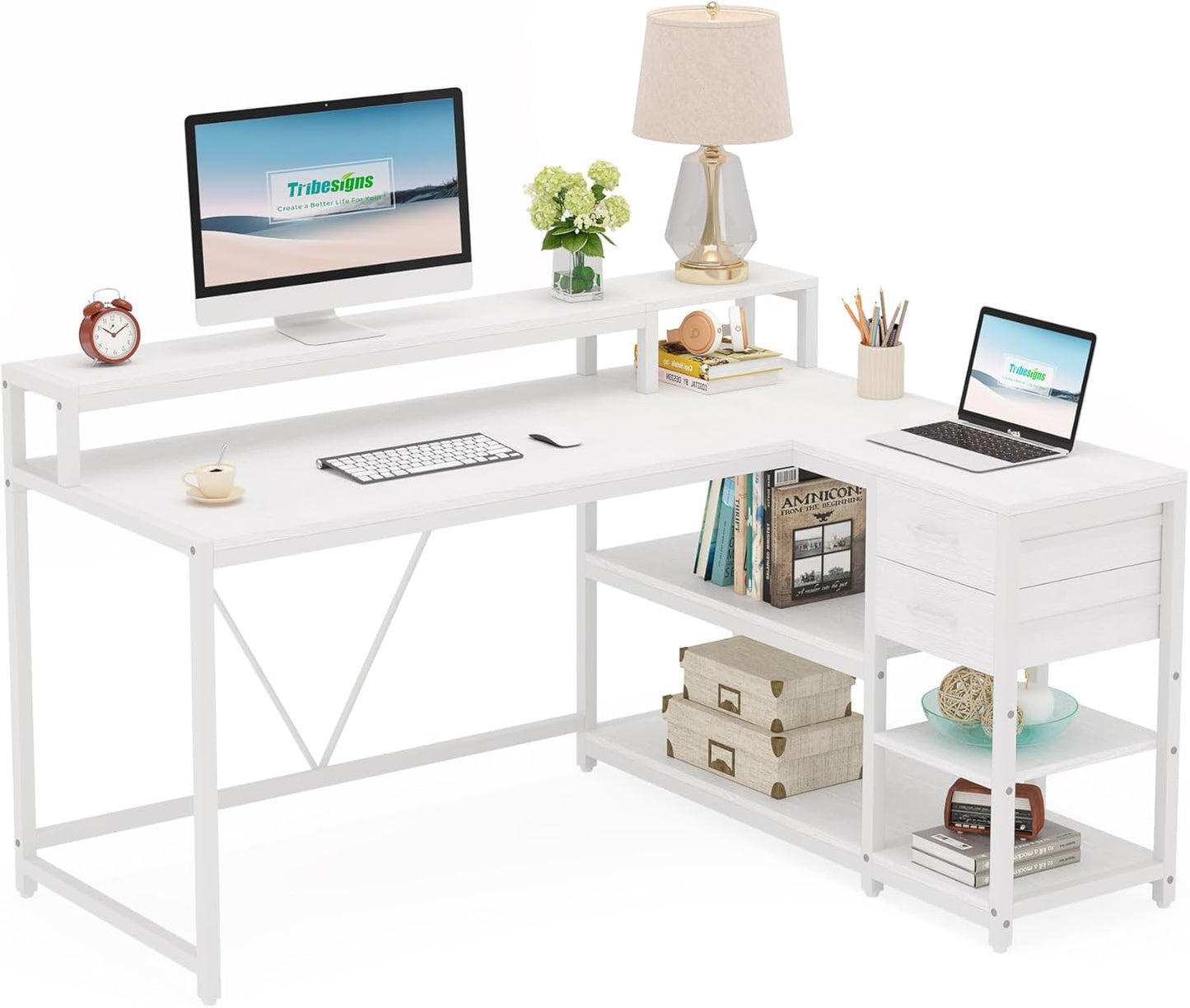 55-Inches Reversible L Shaped Desk with Drawer, Modern White L Corner Desk Home Office Table with Storage Shelves and Monitor Stand, Wooden and Metal PC Desk for Small Space