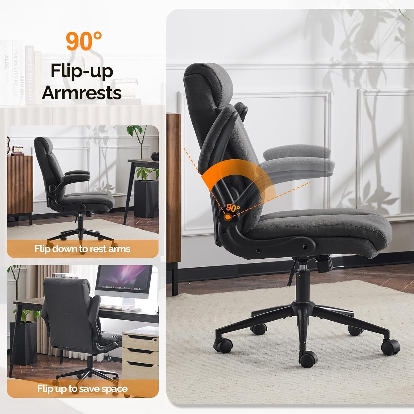 Rolling Ergonomic Office Desk Chair with Padded Flip-Up Arms, 360° Swivel High Back Executive Computer Task Chair with Wheels for Game,Home Small Space, Study Room, Reading Room, Linen Black