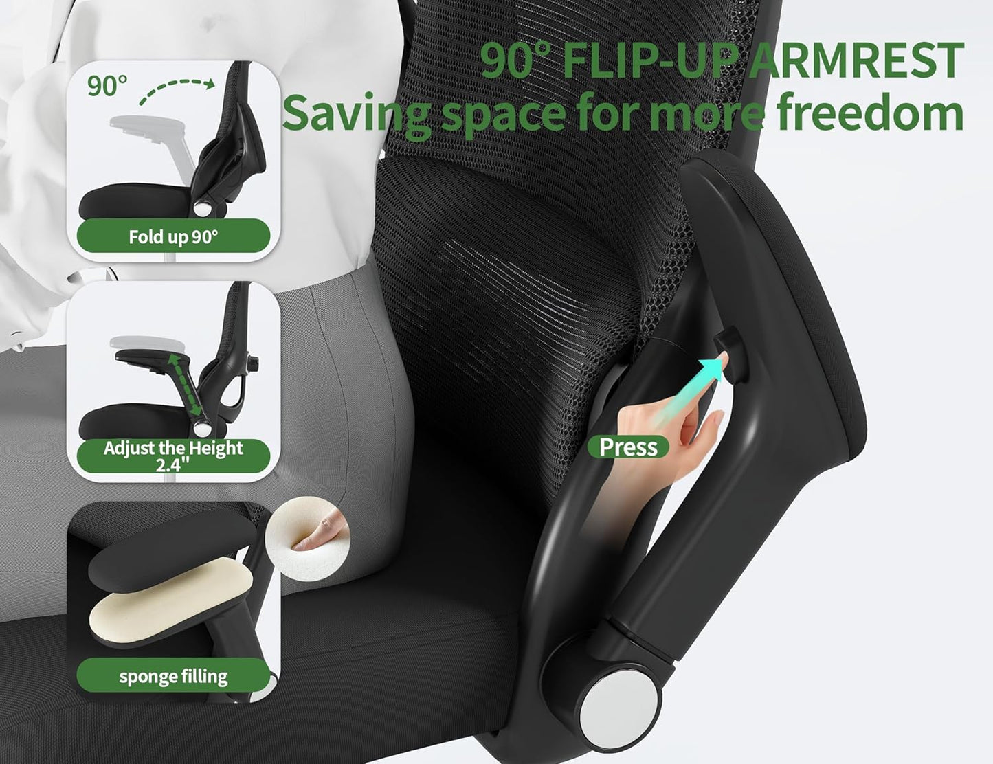 Office Chair Ergonomic Desk Chair Comfy: 400LBS Mesh Computer Chair Ergonomic Gaming Chairs with Wheels Adjustable Lumbar Support and Flip up Armrest-Swivel Executive Chairs Long Hours(Black)