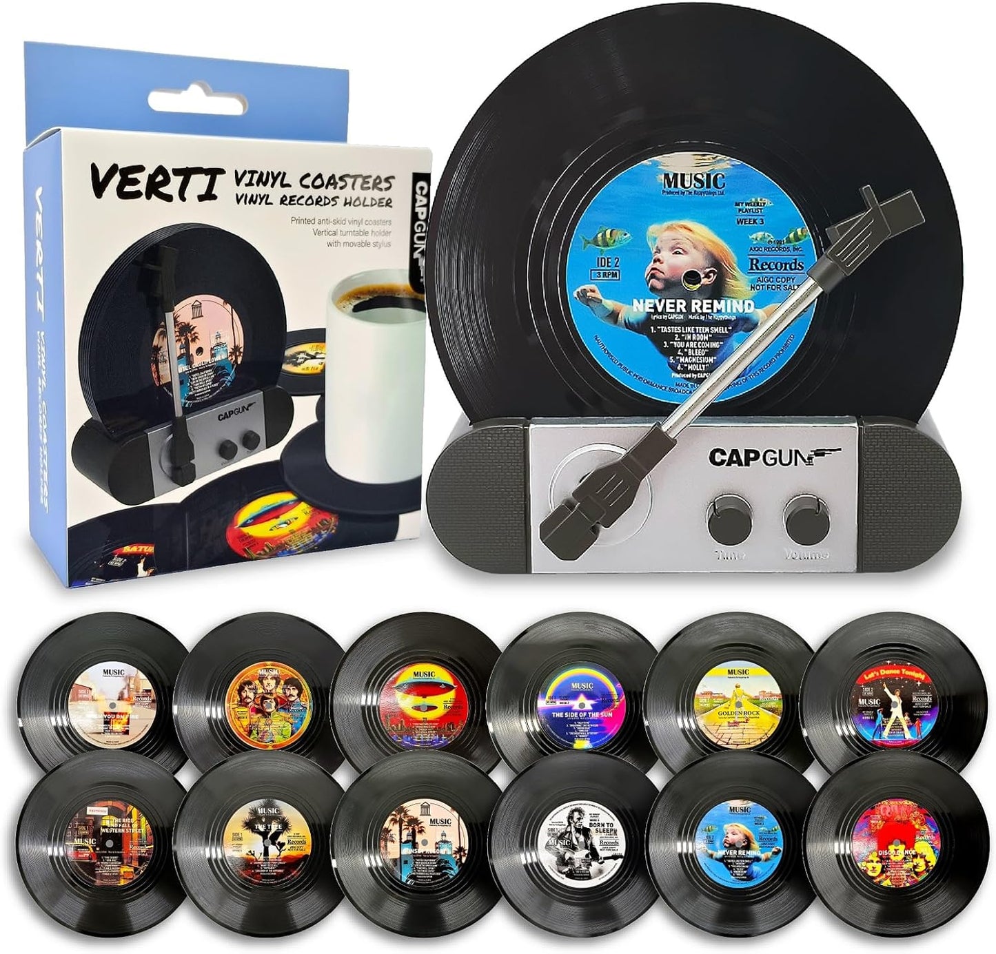 Funny Retro Vinyl Record Coasters, Creative Drink Coasters Set of 12 with Vinyl Record Player Holder for Music Lovers, Housewarming Hostess Gifts, Birthday and White Elephant Gifts Ideas