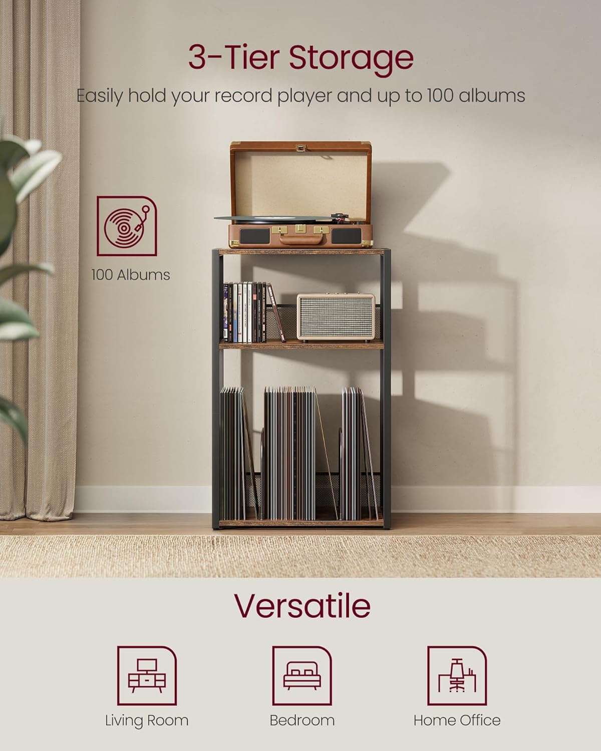 Record Player Stand, 3-Tier Side Table, Vinyl Record Storage up to 100 Albums, End Table for Living Room, Bedroom, Ebony Black ULET275B01