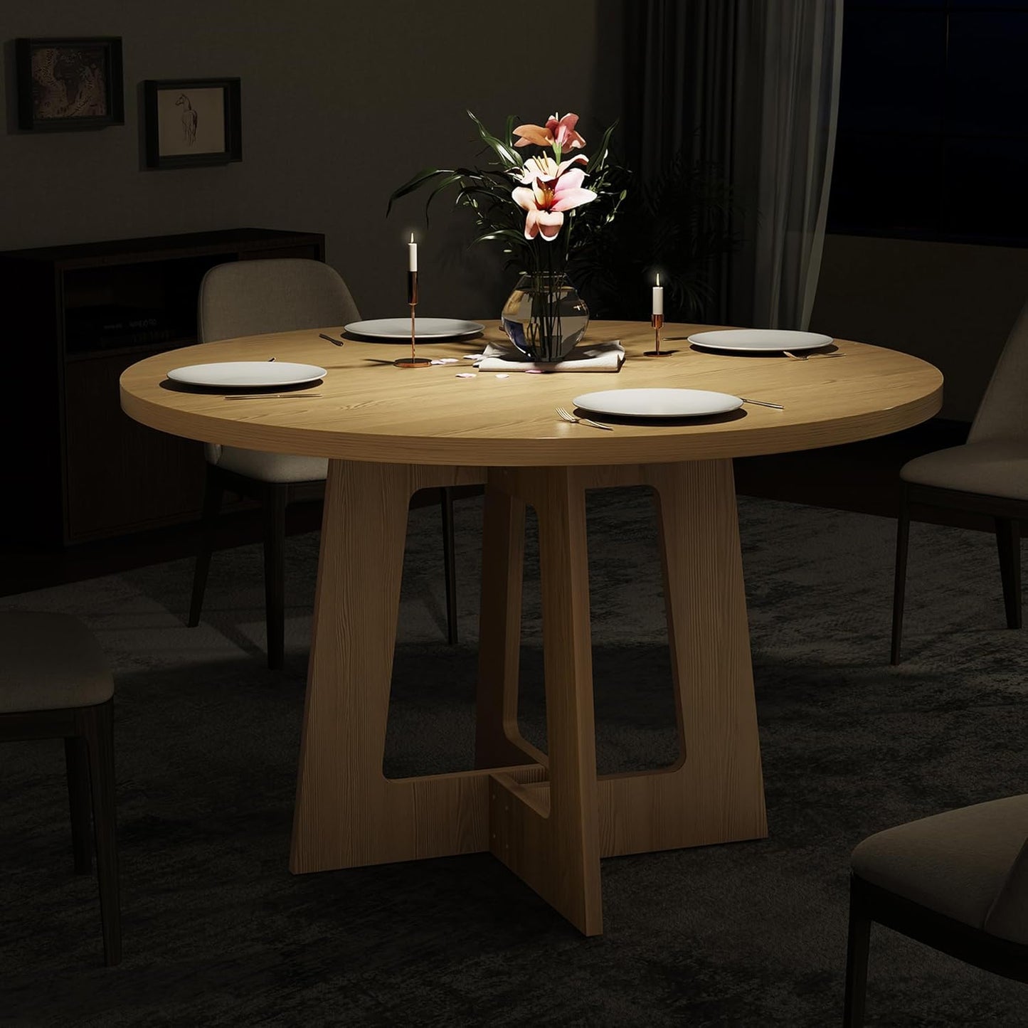Round Dining Table for 4, Farmhouse Kitchen Table, Wooden Circle Table, 300Lb Capacity & Easy Assembly for Home Dining Room Kitchen Living Room (Natural Oak)