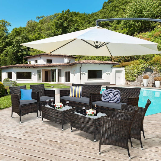 8PCS Rattan Patio Furniture Set, Outdoor Wicker Rattan Chairs with Coffee Table, Rattan Cushioned Conversation Set for Backyard Balcony Porch Poolside, Grey
