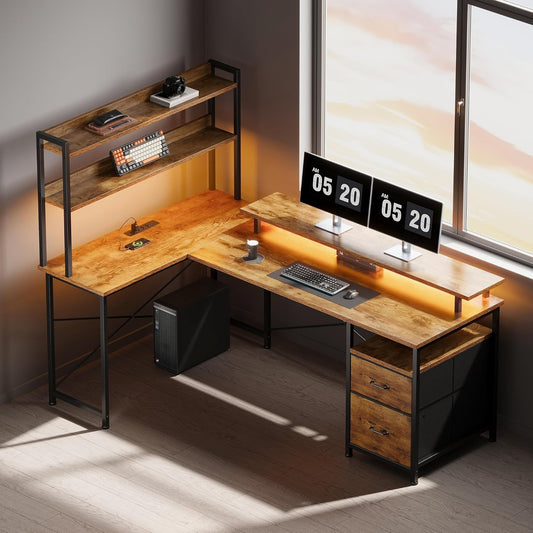 L Shaped Desk with Shelves,Reversible Computer Desk with LED Lights and Charging Station,Home Office Corner Desk with Monitor Stand,Brown2