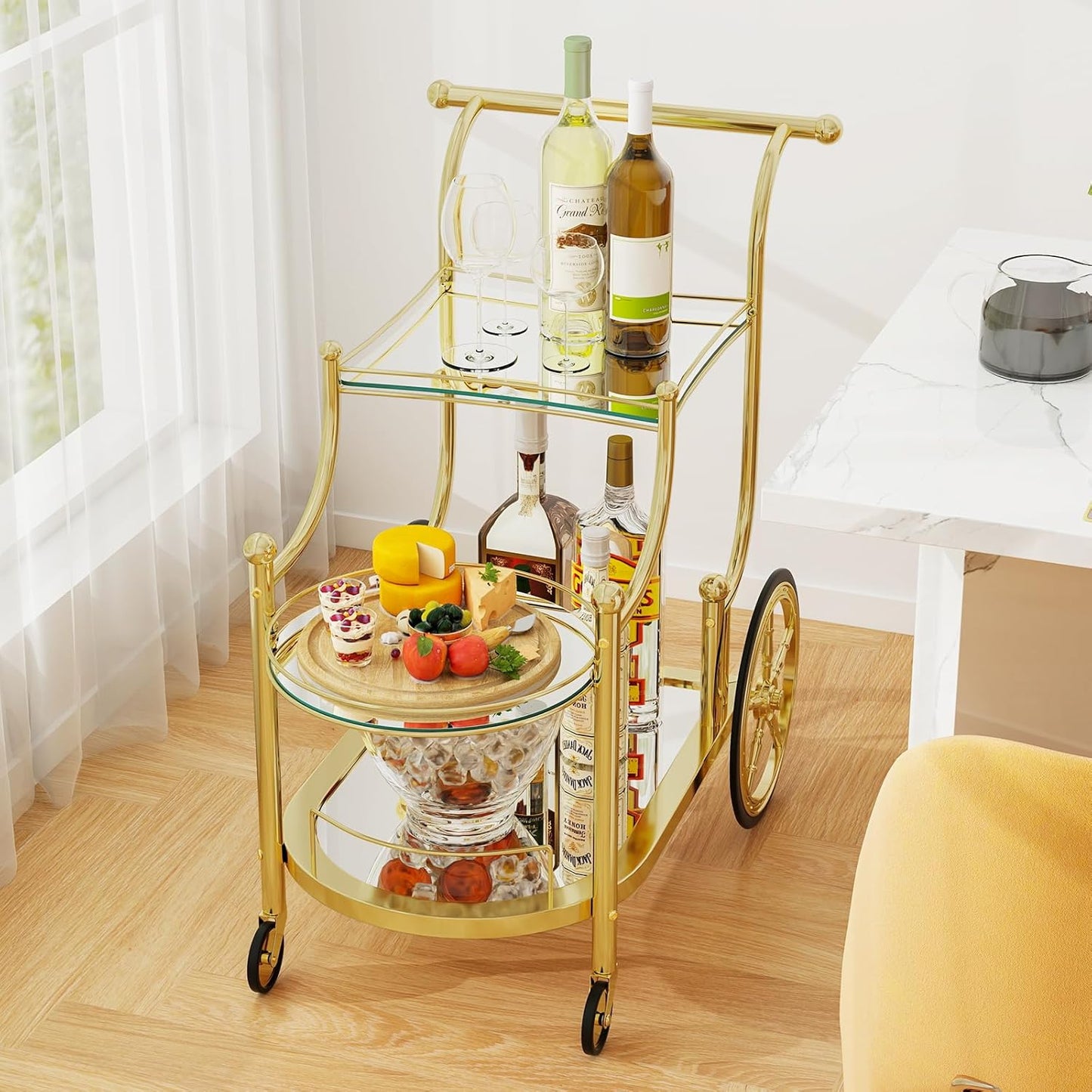 Bar Cart, 3-Tier Rolling Home Bar Serving Cart with Mirrored Shelves & 4 Wheels, Mobile Beverage & Wine Cart for Kitchen, Dining Room, Living Room (Gold)
