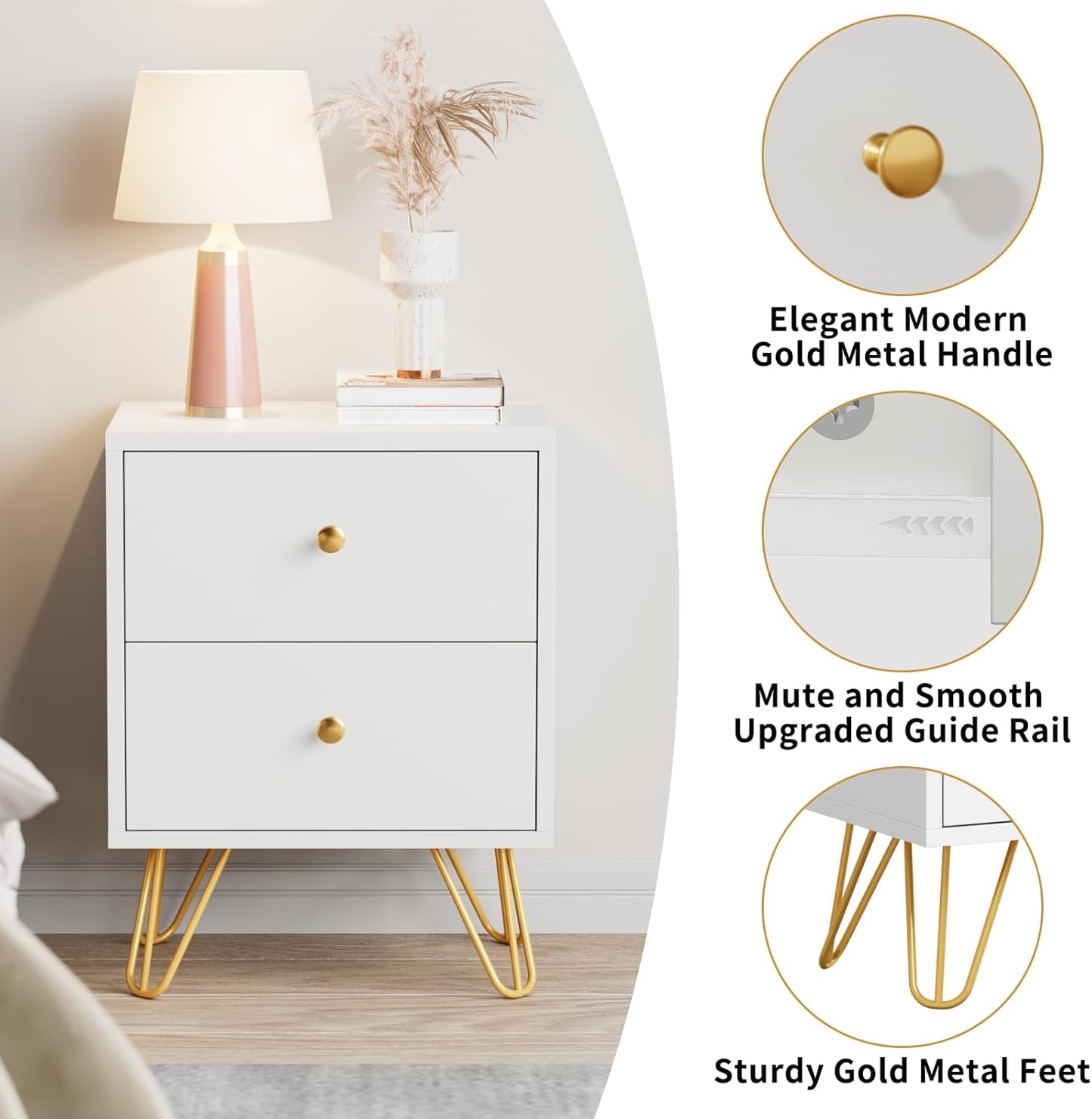 Nightstand Set of 2, End Side Table Double, Bedside Table with 2 Drawers, Dual Night Stand Metal Legs and Knobs for Bedroom Living Room (White)
