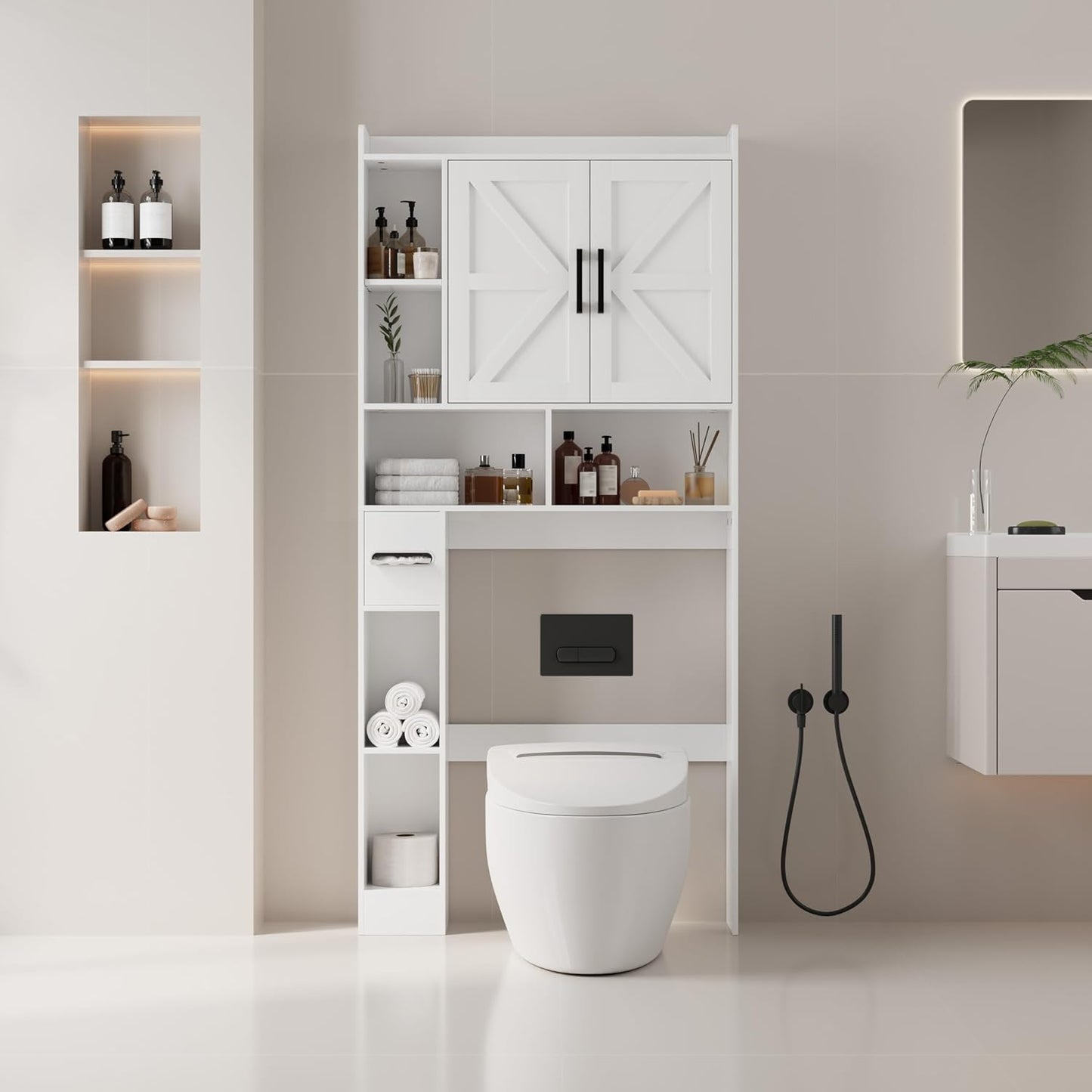 Over the Toilet Storage Cabinet, Tall Bathroom Cabinet Organizer with Adjustable Shelves and Toilet Paper Holder, 32" W Farmhouse Storage Cabinet with 2 Barn Doors for Laundry, Restroom, Grey