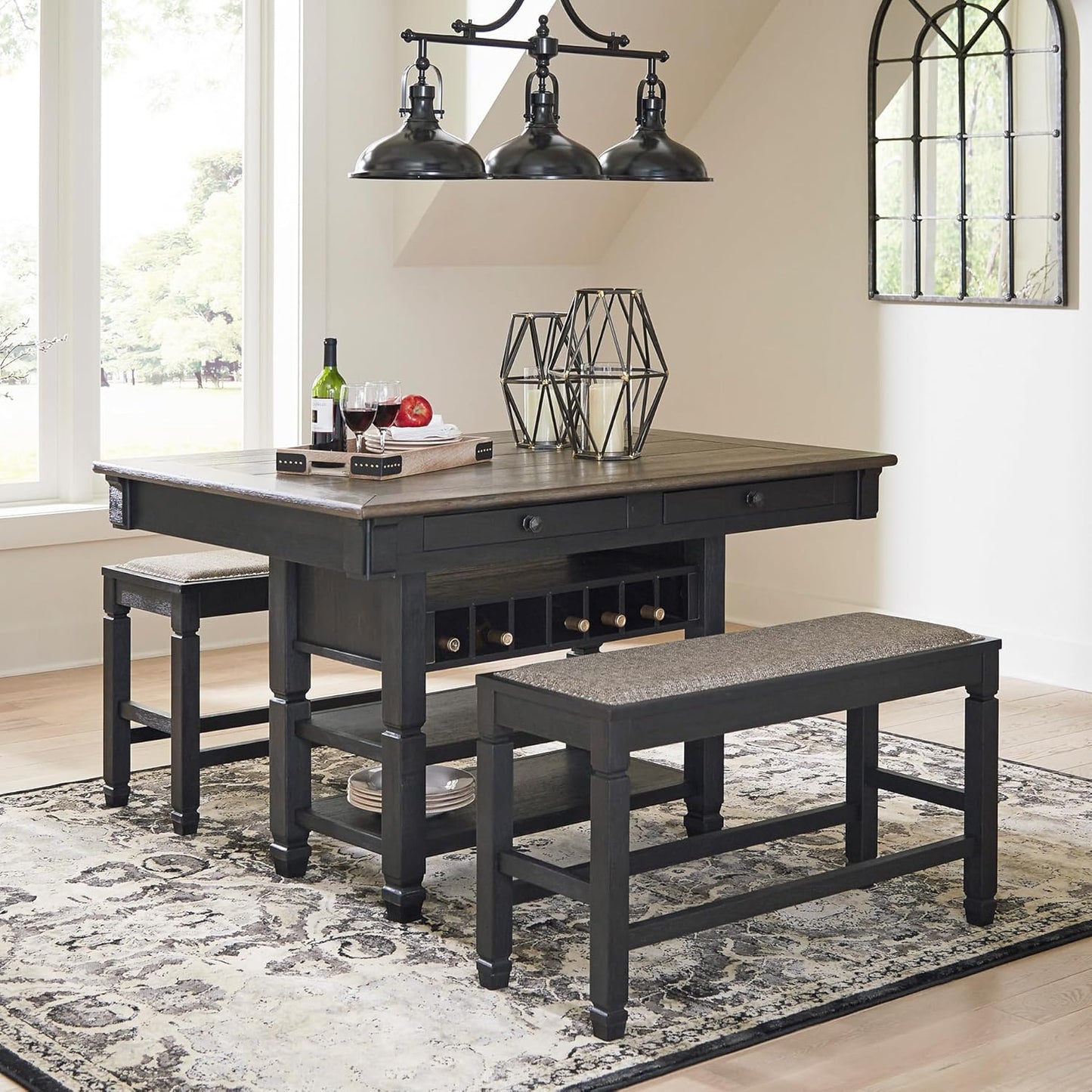 Tyler Creek Farmhouse 36"Counter Height Dining Table with Wine Rack, Amost Black