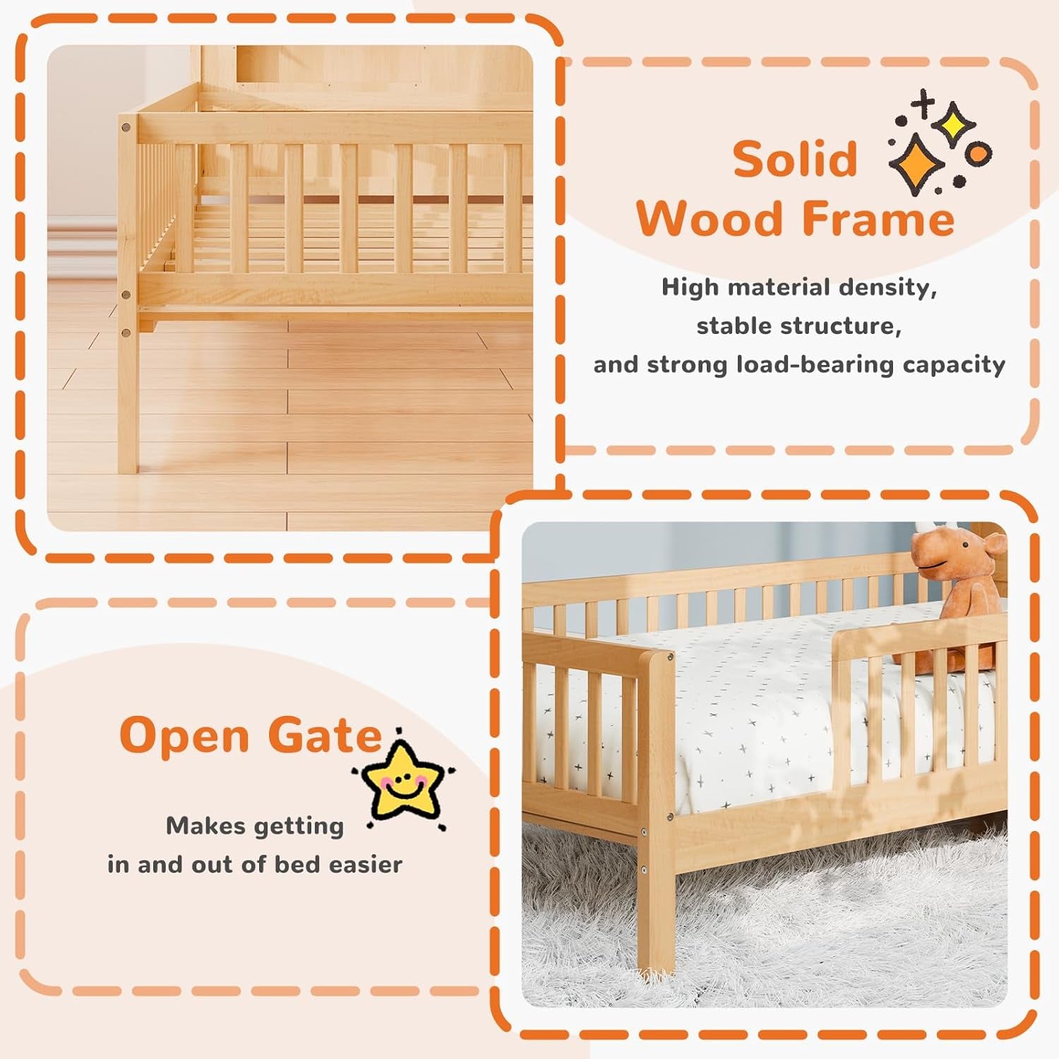 Twin Size Kids Bed with Storage - Solid Wood House Headboard & Safety Guardrails, Space-Saving Bed Frame, No Box Spring, Natural Brown