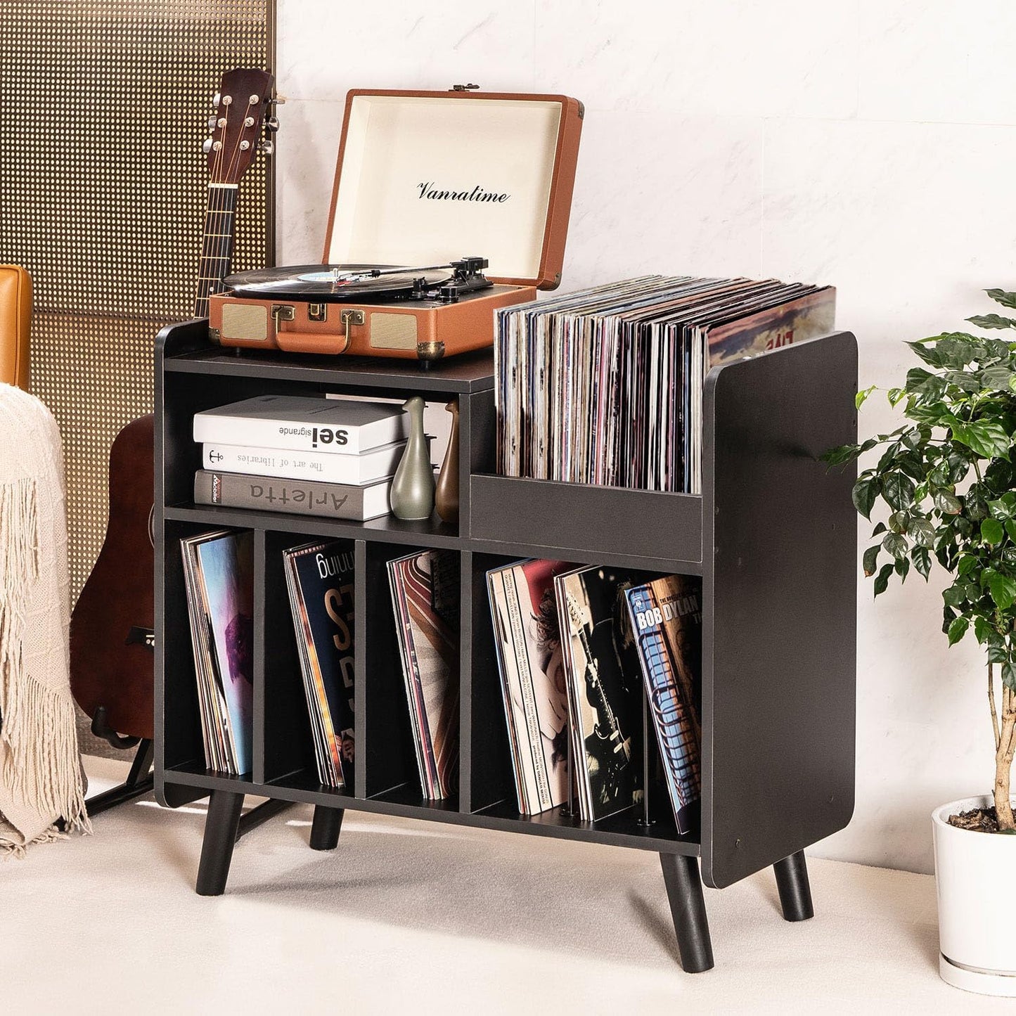Record Player Stand, Large Record Player Table Cabinet with Open Vinyl Storage and Display Shelf Holds up to 350 Albums, Mid Century Wood Turntable for Living Room