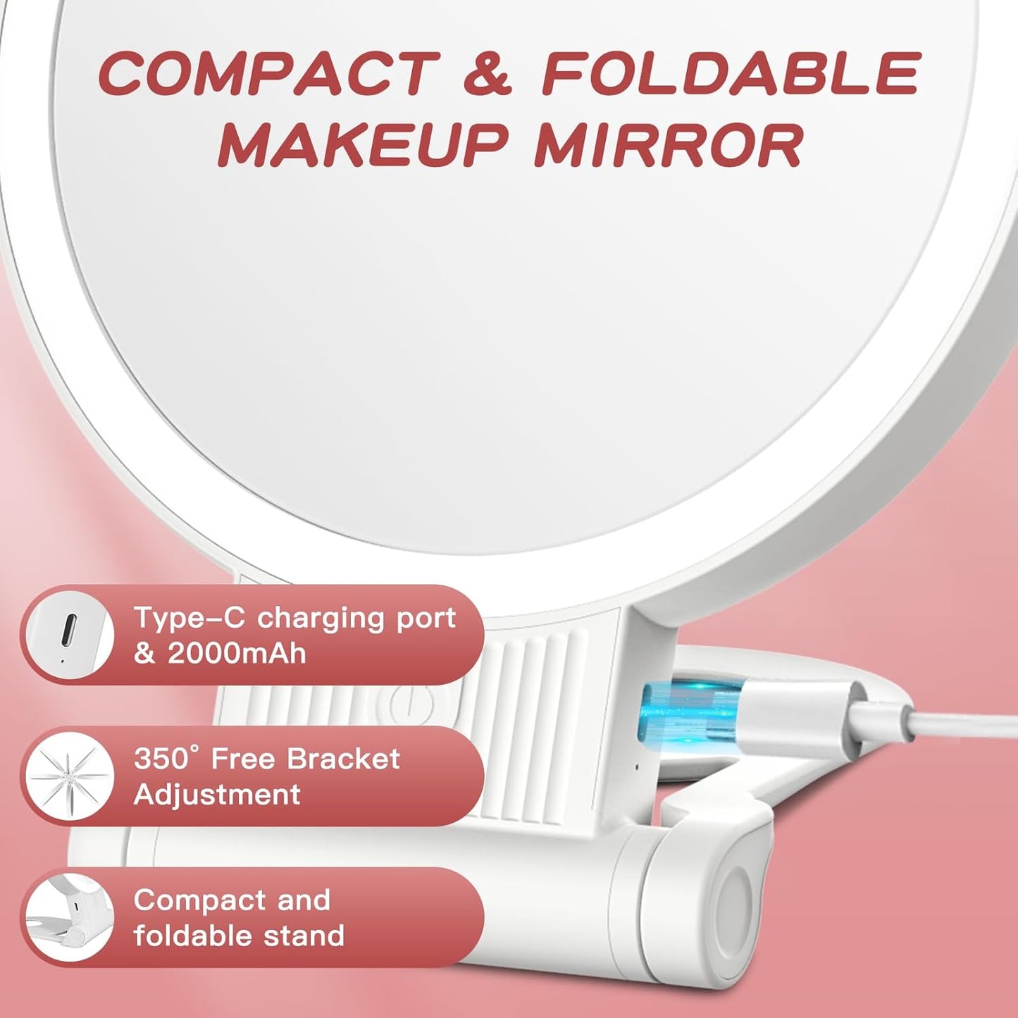 1X/30X Magnifying Mirror with Light and Adjustable Brightness, Makeup Mirror with 360° Rotation Adjustable Folding Handle, Portable Rechargeable Double Sided Mirrors, Foldable Vanity Mirror (White)