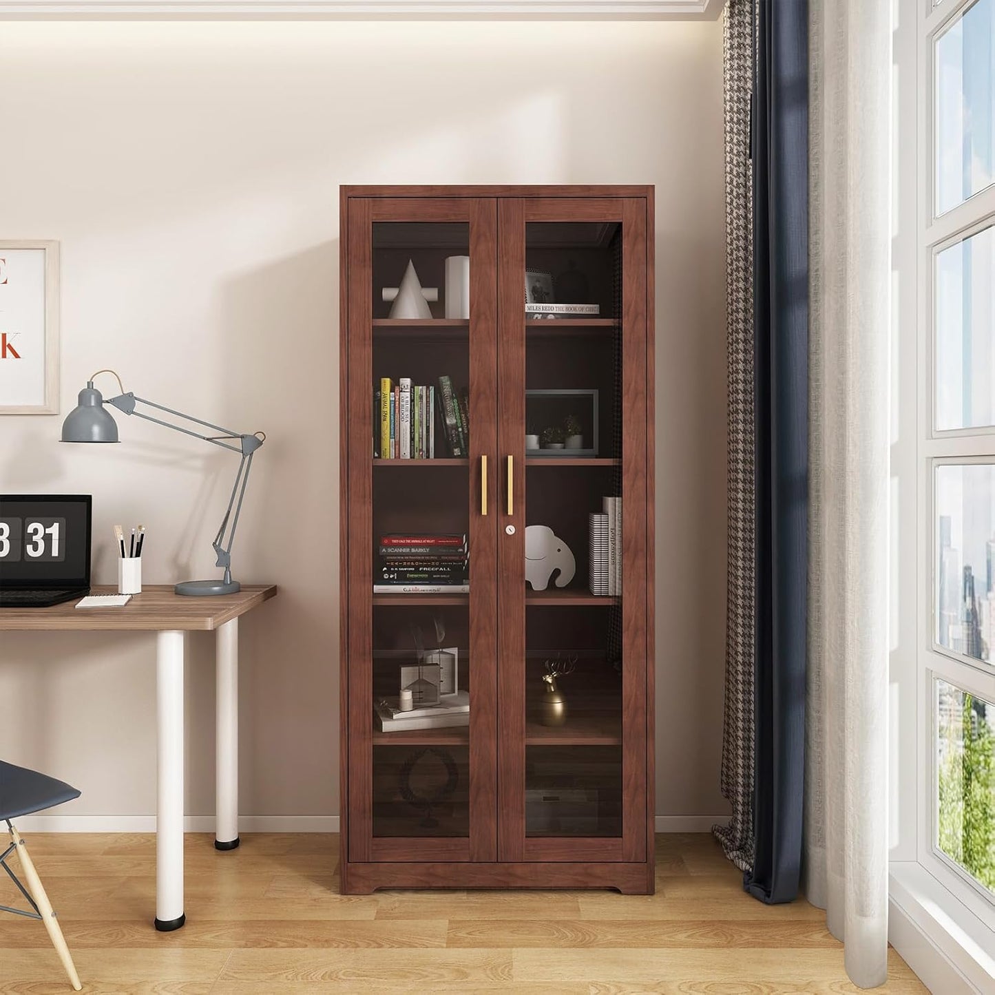 71" Display Cabinet, Metal Kitchen Storage Cabinet, Curio Display Case with Glass Doors and 4 Adjustable Shelves, Locking Cabinets for Kitchen, Hallway, Living Room, Wood Color -Assembly Required