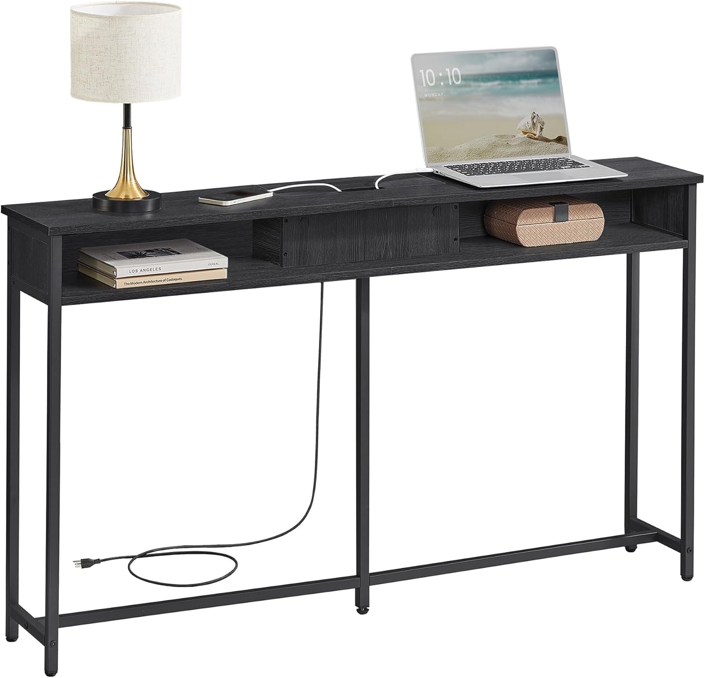55.1-Inch Console Table with Outlet and Shelves, Sofa Table with Charging Station, behind Couch Table Skinny, Entryway Table for Hallway, Living Room, Charcoal Gray and Ink Black ULNT120B22