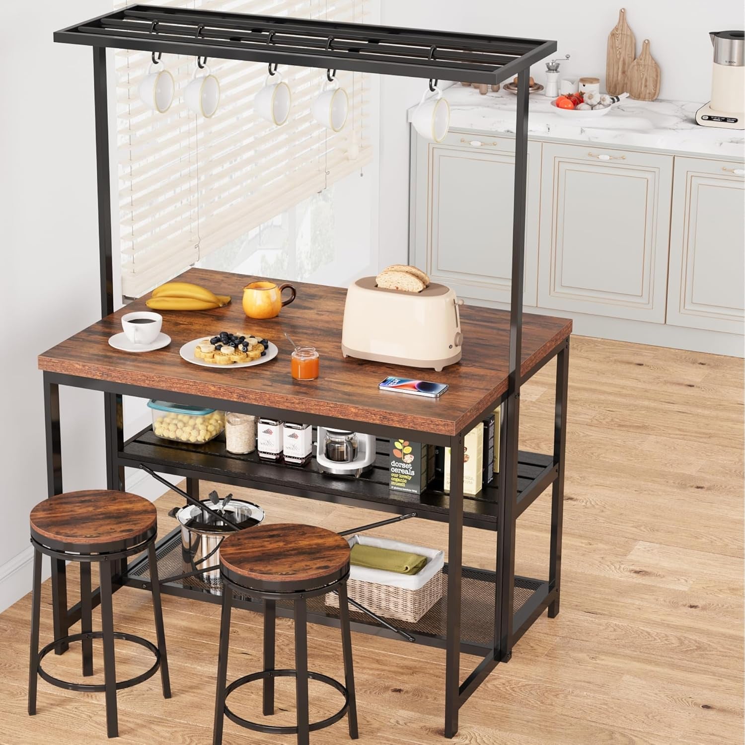 Kitchen Island with Storage, 42''Island Table for Kitchen with Seating Bakers Rack Microwave Oven Stand Shelf with 3 Tier Storage Shelf for Dining Room Living Room, 5 Hooks 42"*28"*72"