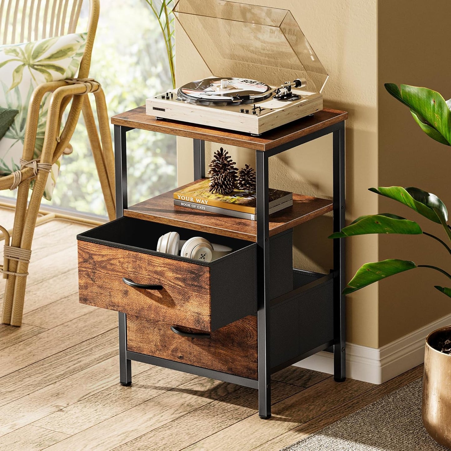 Night Stand Set of 2, Nightstand with 2 Drawers, Bed Side Table with Open Shelf, Wooden Top, End Table, Fabric Drawer, for Bedroom, Rustic Brown